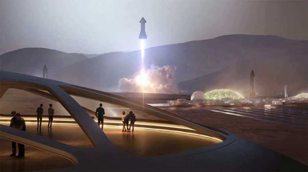 <p>Ilustrasi Starship lepas landas di Planet Mars</p>
