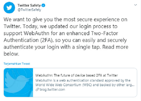 Twitter memberikan pembaruan pada cara pengamanan akun melalui autentifikasi dua langkah (two-factor authentication)