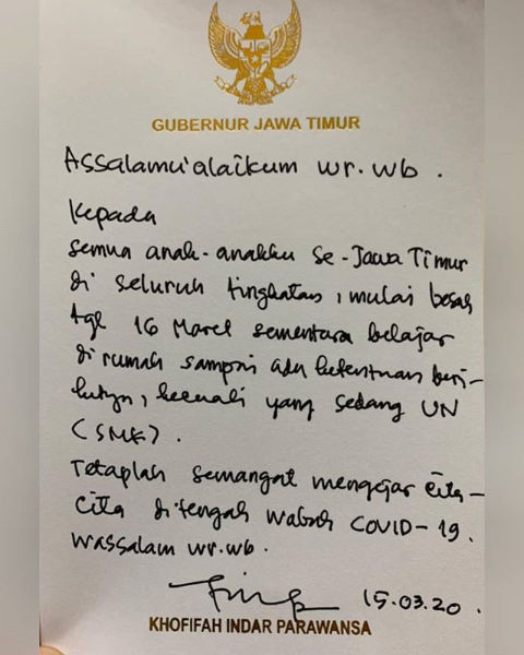 Surat Instagram Gubernur Jawa Timur, Khofifah Indar Parawansa