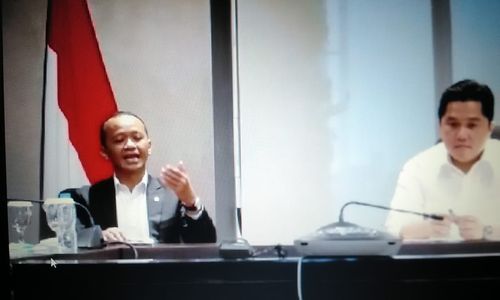 <p>Menteri Badan Usaha Milik Negara (BUMN) Erick Thohir dan Kepala Badan Koordinasi Penanaman Modal (BKPM) Bahlil Lahadalia  dalam pertemuan online, Senin, 30 Maret 2020.</p>
