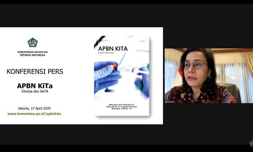 <p>Menteri Keuangan, Sri Mulyani Indrawati menjelaskan perkembangan APBN April 2020 dalam konferensi pers APBN KiTa secara virtual di Jakarta, Jumat 17 April 2020/ Sumber: Dokumentasi Trenasia</p>
