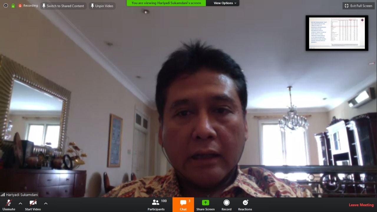 <p>Ketua umum PHRI Hariyadi Sukamdani dalam video conference via Zoom pada Kamis, 16 April 2020. / Dok. TrenAsia</p>
