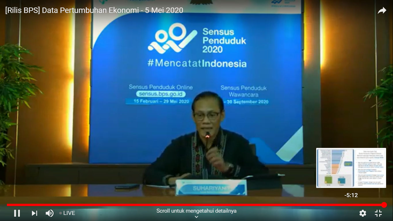 <p>Suhariyanto, Kepala Badan Pusat Statistik (BPS) menyampaikan kinerja pertumbuhan ekonomi Indonesia kuartal I-2020 dalam konferensi pers virtual di Kantor BPS, Jakarta, Selasa, 5 Mei 2020/ Sumber: Dokumentasi Trenasia.co</p>
