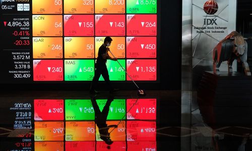 <p>Pekerja beraktifitas dengan latar belakang layar monitor pergerakan Indeks Harga Saham Gabungan (IHSG) di Bursa Efek Indonesia, Jakarta, Jumat 5 Juni 2020. IHSG ditutup menguat 0,63% atau 31,08 poin ke level 4.947,78 pada akhir perdagangan. Foto: Ismail Pohan/TrenAsia</p>
