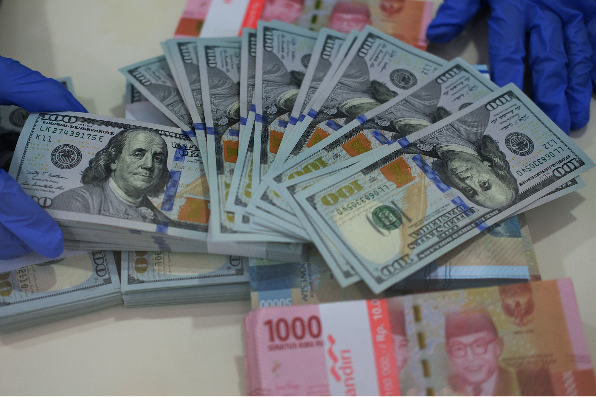 <p>Karyawan menunjukkan uang Dolar Amerika Serikat (AS) di salah satu Bank BUMN di Jakarta, Selasa 2 Juni 2020. Foto: Ismail Pohan/TreAsia</p>
