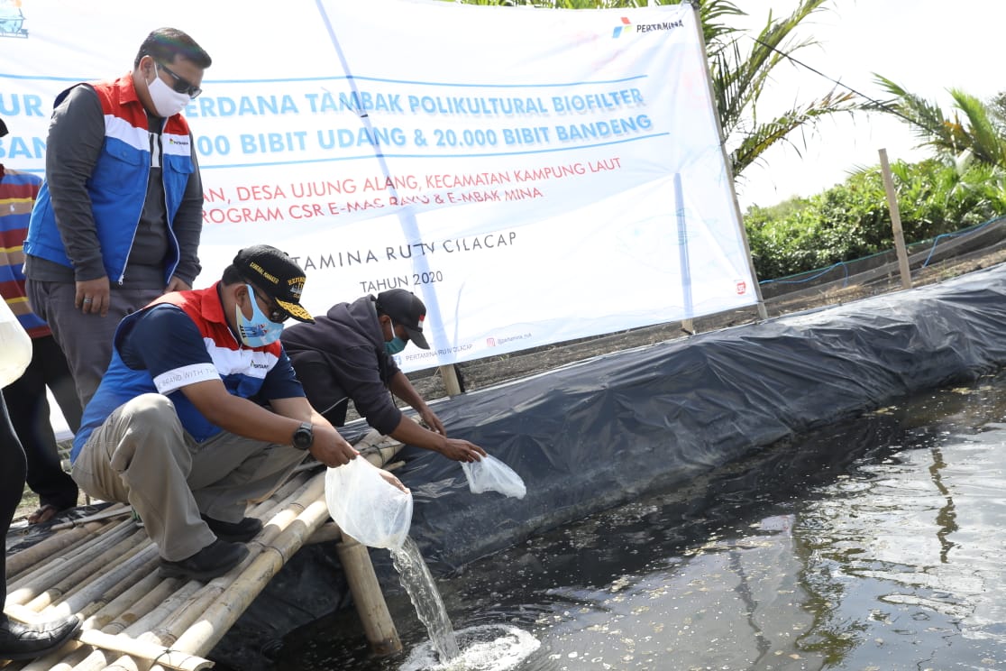 Pertamina Refinery Unit (RU) IV Cilacap Menggelar Kegiatan Tabur Benih Udang Windu dan Ikan Bandeng
