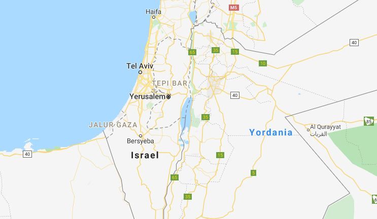 <p>Tangkapan Layar Peta Israel di Google Maps pada Jumat, 24 Juli 2020, tidak tertulis Palestina. / Google</p>
