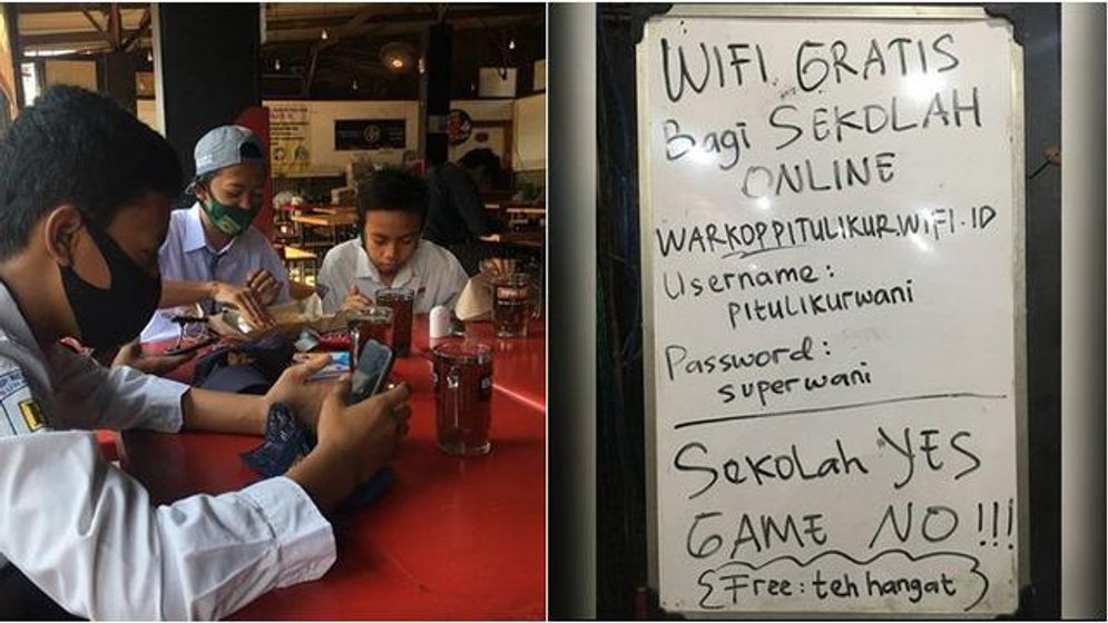 Siswa di Surabaya yang belajar melalui metode daring di sebuah warkop