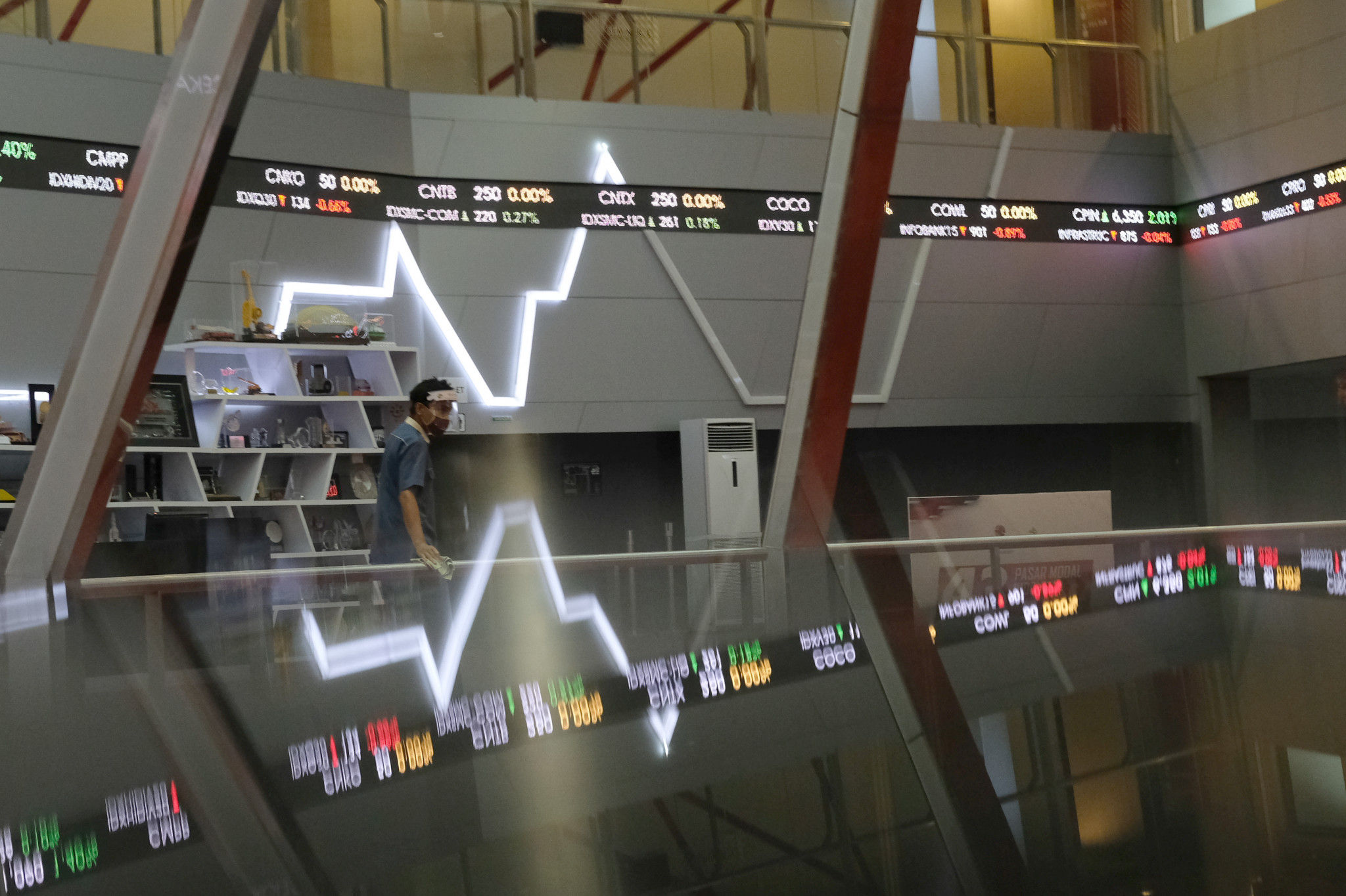 <p>Karyawan beraktivitas dengan latar pergerakan Indeks Harga Saham Gabungan (IHSG) di Gedung Bursa Efek Indonesia (BEI), Jakarta, Senin, 31 Agustus 2020. Kinerja IHSG selama dua pekan terakhir langsung sirna setelah mencetak koreksi 108,17 atau 2,02 persen ke posisi 5.238,48 pada perdagangan hari ini, Senin (31/8/2020). Saham-saham berkapitalisasi jumbo berjatuhan dan menjadi sasaran jual investor asing. Net asell asing tercatat mencapai Rp1,79 triliun. Foto: Ismail Pohan/TrenAsia</p>
