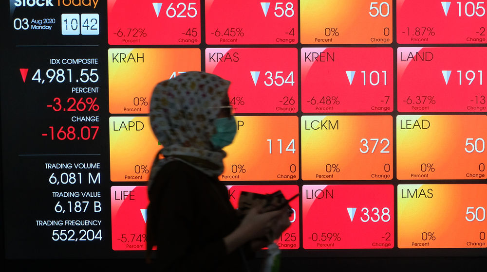 <p>Karyawan melintas didepan monitor pergerakan Indeks Harga Saham Gabungan (IHSG) di gedung Bursa Efek Indonesia (BEI), Jakarta, Senin, 3 Agustus 2020. Indeks Harga Saham Gabungan (IHSG) ditutup melemah 2,78 persen atau 143,4 poin ke level 5.006,22 pada akhir sesi Senin (3/8/2020), setelah bergerak di rentang 4.928,47 – 5.157,27. Artinya, indeks sempat anjlok 4 persen dan terlempar dari zona 5.000. Risiko penurunan data perekonomian kawasan Asean termasuk Indonesia menjadi penyebab (IHSG) terkoreksi cukup dalam hari ini. Foto: Ismail Pohan/TrenAsia</p>
