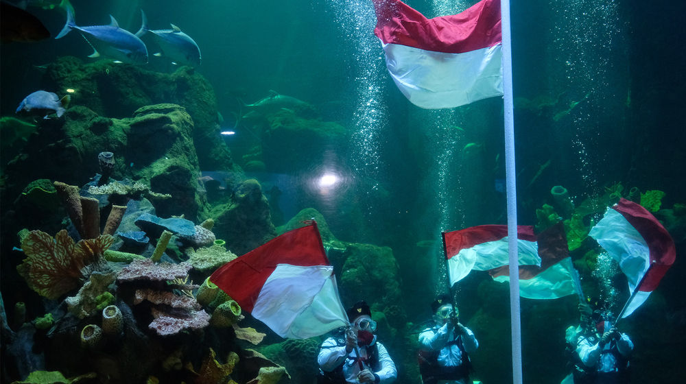 <p>Sejumlah penyelam mengibarkan Bendera Merah Putih saat upacara pengibaran Bendera Peringatan HUT ke-75 RI di Akuarium Utama Sea Word, Ancol, Jakarta, Senin, 17 Agustus 2020. Pengibaran Bendera Merah Putih dan Pembacaan Teks Proklamasi oleh empat orang penyelam profesional Sea Word Ancol tersebut berlangsung hikmat untuk memperingati Hari Kemerdekaan RI. Foto: Ismail Pohan/TrenAsia</p>
