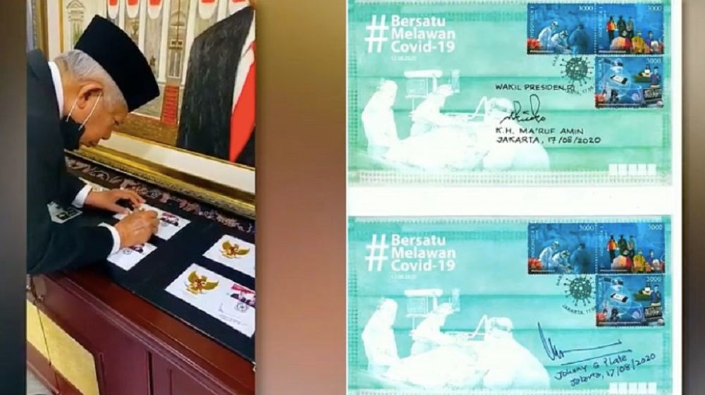 <p>Wakil Presiden Ma’ruf Amin saat menandatangani peluncuran empat seri prangko khusus HUT ke-75 RI. / Kominfo.go.id</p>
