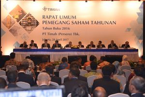 <p>Manajemen BUMN PT Timah Tbk (TINS) saat rapat umum pemegang saham (RUPS) perseroan. / Timah.com</p>
