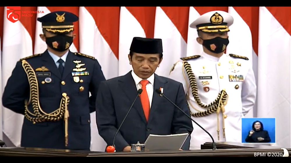 <p>Presiden Joko WIdodo dalam pidato kenegaraannya di Jakarta, Jumat, 14 Agustus 2020/ Sumber: tangkapan layar Trenasia.com</p>

