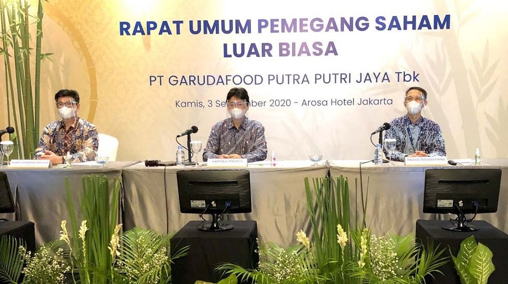 <p>Manajemen emiten milik konglomerat Sudhamek Agoeng Waspodo Soenjoto, PT Garudafood Putra Putri Jaya Tbk (GOOD) saat RUPS 2020 / Garudafood.com</p>
