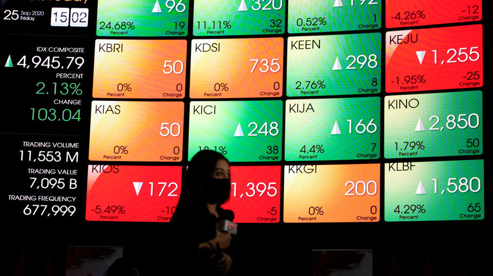 <p>Awak media melakukan peliputan dengan latar belakang layar pergerakan Indeks Harga Saham Gabungan (IHSG) di Gedung Bursa Efek Indonesia (BEI), Jakarta, Jum’at, 25 September 2020. Indek Harga Saham Gabungan (IHSG) berhasil bangkit dan ditutup menguat 103,03 poin atau 2,13 persen ke posisi 4.945,79 pada hari ini, setelah empat hari beruntun parkir di zona merah. Penguatan indeks hari ini ditopang kenaikan saham-saham berkapitalisasi jumbo alias big caps. Foto: Ismail Pohan/TrenAsia</p>
