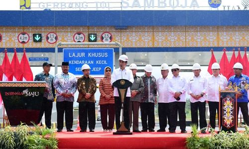 <p>Presiden Joko Widodo meresmikan jalan tol Balikpapan-Samarinda (Balsam) seksi II, III, dan IV. Acara peresmian dipusatkan di gerbang tol Samboja, Kabupaten Kutai Kartanegara, Kalimantan Timur / Setkab.go.id</p>
