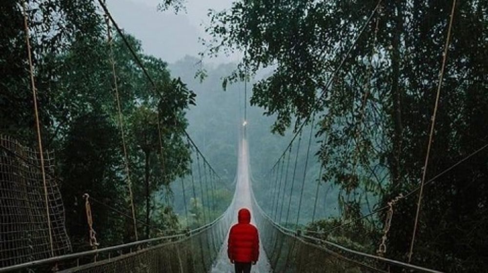 <p>Jembatan gantung terpanjang di Indonesia yang terletak di kawasan Taman Nasional Gunung Gede Pangrango (TNGGP) di Desa Gedepangrango, Kecamatan Kadudampit, Kabupaten Sukabumi, Jawa Barat / Facebook @situgunungsuspensionbridge </p>
