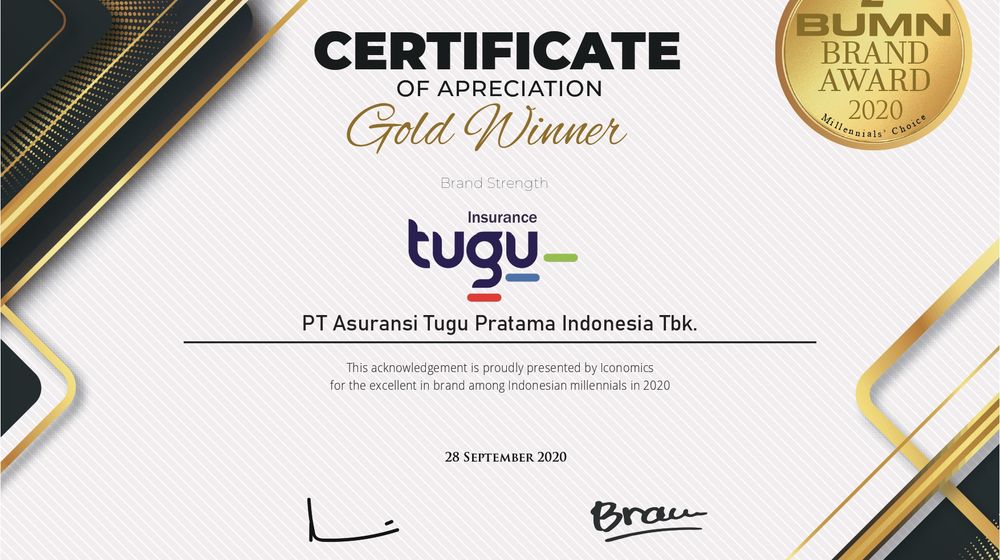 <p>Sertifikat penghargaan Brand Strength Tugu Insurance. Dok: Tugu Insurance. </p>
