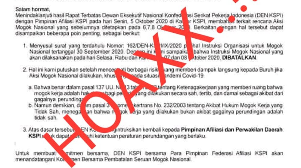 <p>Surat palsu pembatalan aksi mogok nasional/ Sumber: KSPI</p>
