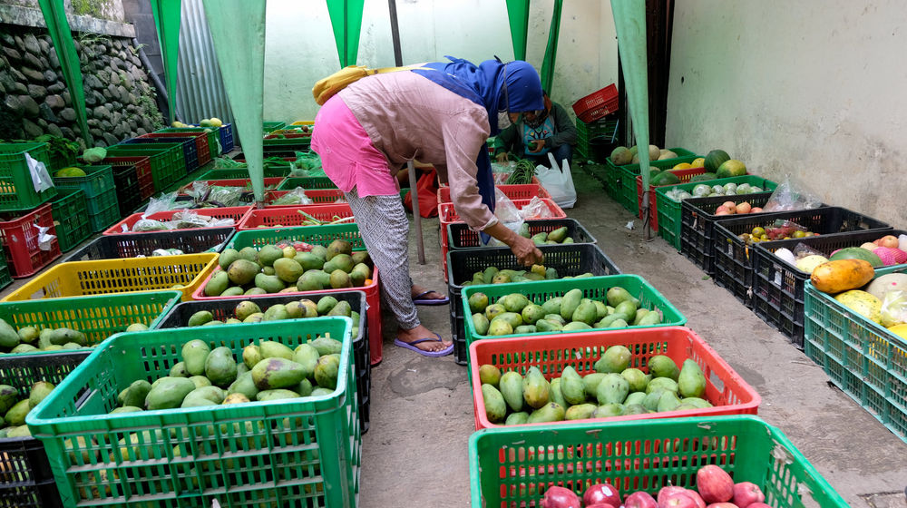 <p>Warga memilih buah-buahan di lapak sayuran dan  buah hasil sortiran penjual sayur online di kawasan Ragunan, Jakarta, Selasa, 10 November 2020. Foto: Ismail Pohan/TrenAsia</p>
