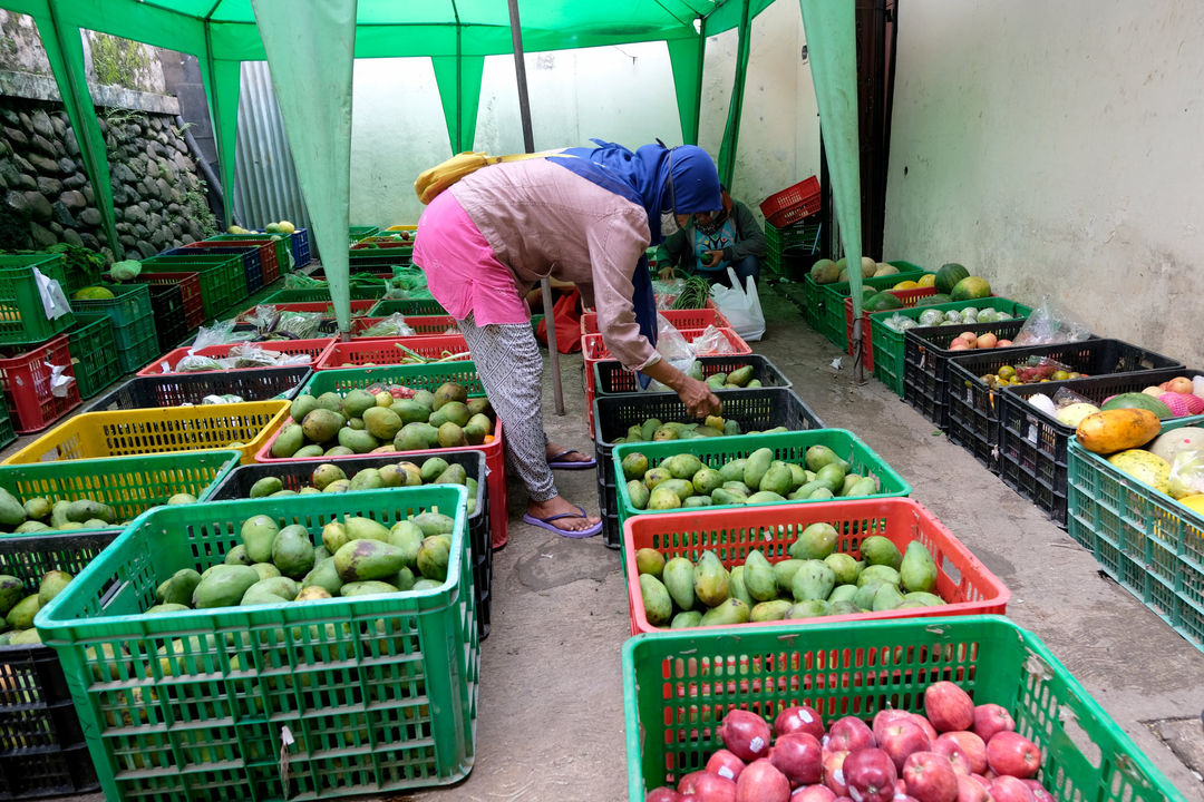 <p>Warga memilih buah-buahan di lapak sayuran dan  buah hasil sortiran penjual sayur online di kawasan Ragunan, Jakarta, Selasa, 10 November 2020. Foto: Ismail Pohan/TrenAsia</p>
