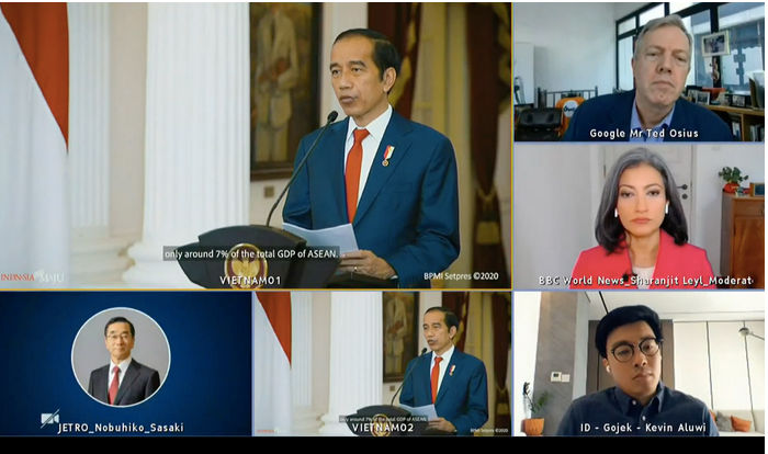 <p>Tangkapan layar pidato Presiden Jokowi secara virtual pada ASEAN Business dan Investment Summit, di Hanoi, Vietnam, 13 November 2020. Dok: Sekretariat Kabinet. </p>

