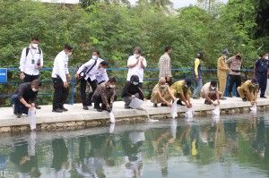 Bupati Sleman mendampingi Menteri Kelautan saat menebar benih ikan