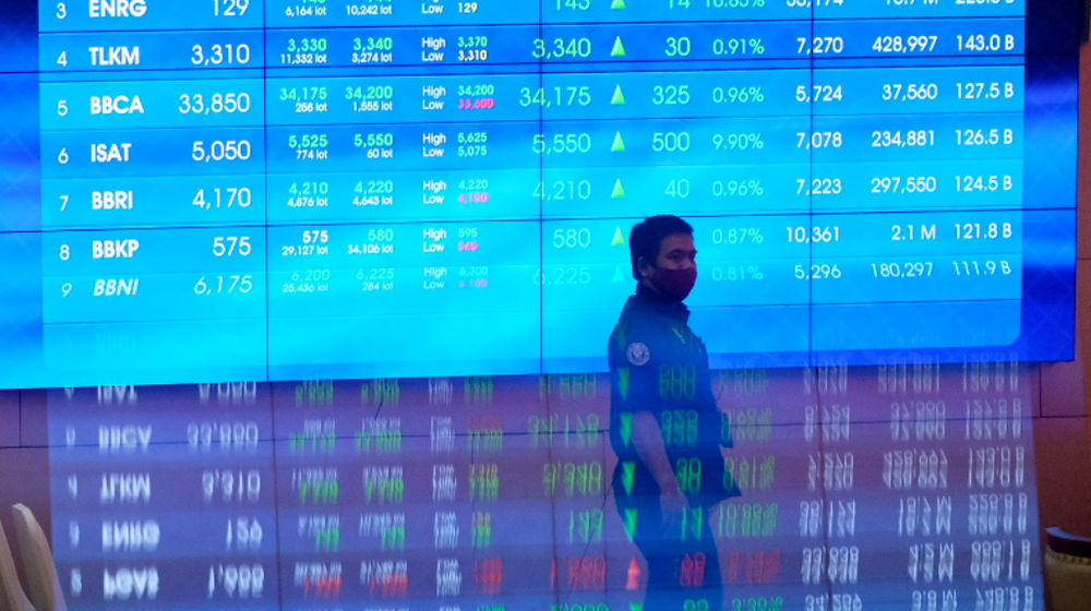 <p>Karyawan melintas dengan latar belakang layar pergerakan Indeks Harga Saham Gabungan (IHSG) di gedung Bursa Efek Indonesia (BEI), Jakarta, Senin, 4 Januari 2021. Foto: Ismail Pohan/TrenAsia</p>
