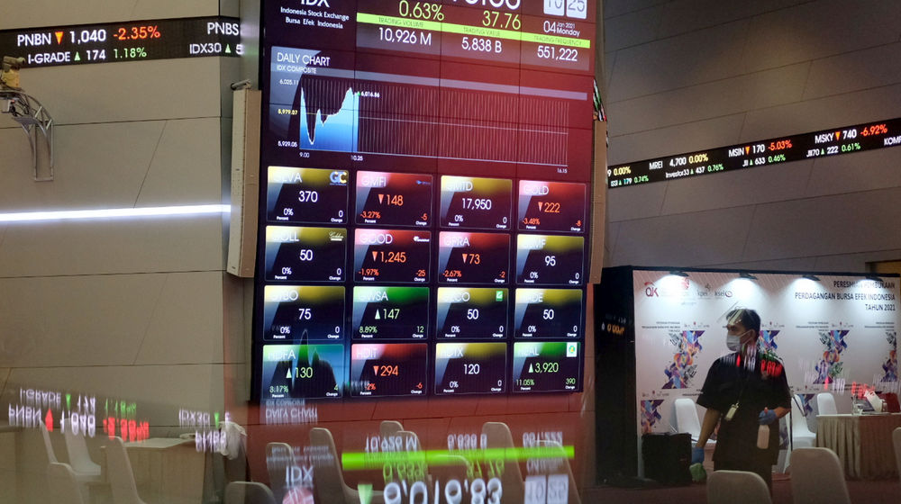 <p>Karyawan melintas dengan latar belakang layar pergerakan Indeks Harga Saham Gabungan (IHSG) di gedung Bursa Efek Indonesia (BEI), Jakarta, Senin, 4 Januari 2021. Foto: Ismail Pohan/TrenAsia</p>
