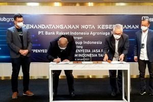 <p>BRI Agro menandatangani Nota Kesepahaman dengan salah satu perusahaan agritech yaitu TaniHub Group. Perjanjian kerja sama ini ditandatangani oleh Ebeneser Girsang selaku Direktur Utama BRI Agro dan Ivan Aris Sustiawan selaku CEO TaniHub Group. Penandatanganan disaksikan oleh Indra Utoyo selaku Direktur Teknologi Informasi dan Operasi BRI (kanan) dan Pamitra Wineka selalu President TaniHub Group (kiri). / Dok. TaniHub</p>
