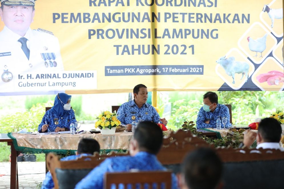 Gubernur Lampung Arinal Djunaidi dalam Pembangunan Peternakan 2021 di kebun PKK Agropark, Sabah Balau, Tanjung Bintang, Lampung Selatan, Rabu (17/2/2021). 