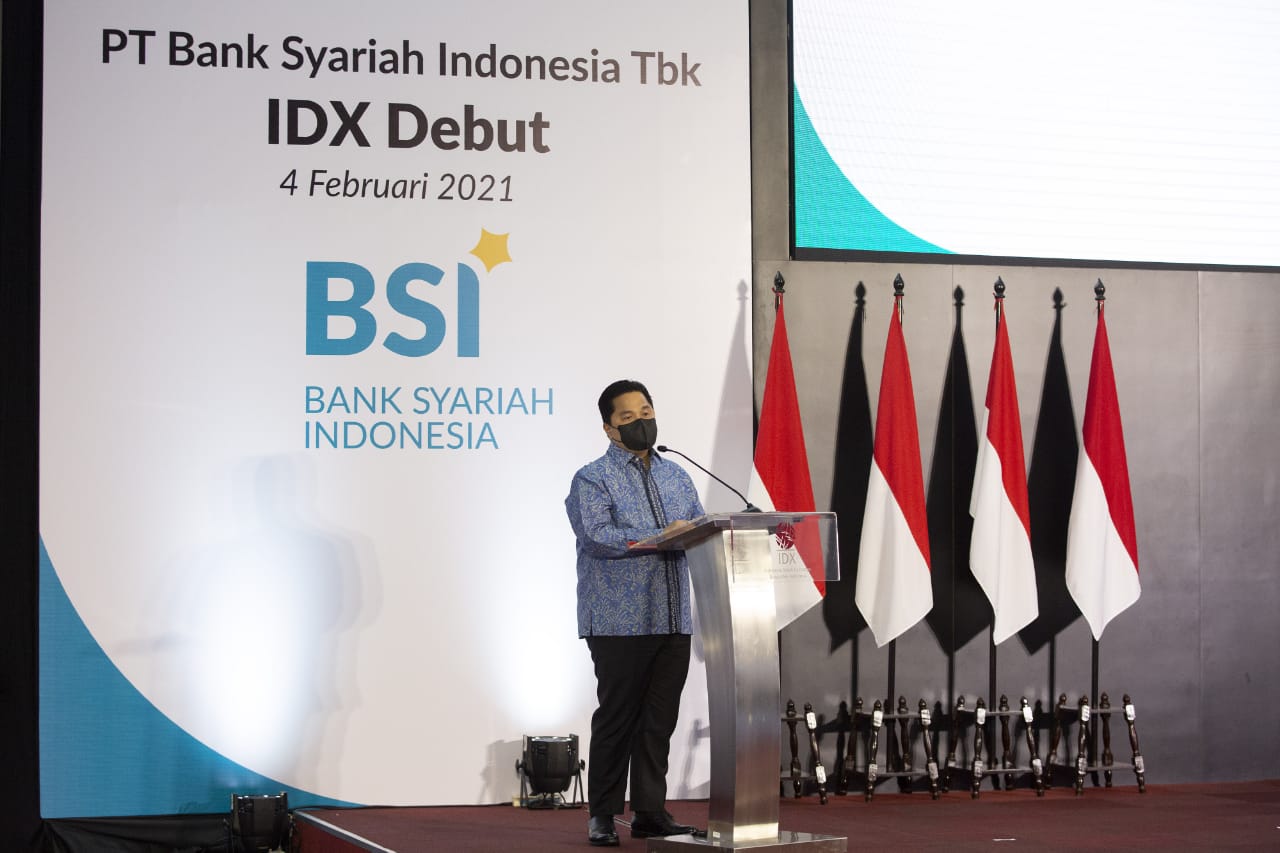 <p>Menteri BUMN, Erick Thohir dalam sambutannya di acara IDX Debut PT Bank Syariah Indonesia Tbk di Jakarta, Kamis 4 Februari 2021. / Dok. Kementerian BUMN</p>
