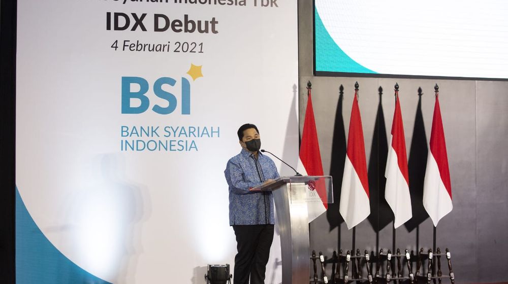 <p>Menteri BUMN, Erick Thohir dalam sambutannya di acara IDX Debut PT Bank Syariah Indonesia Tbk di Jakarta, Kamis 4 Februari 2021. / Dok. Kementerian BUMN</p>
