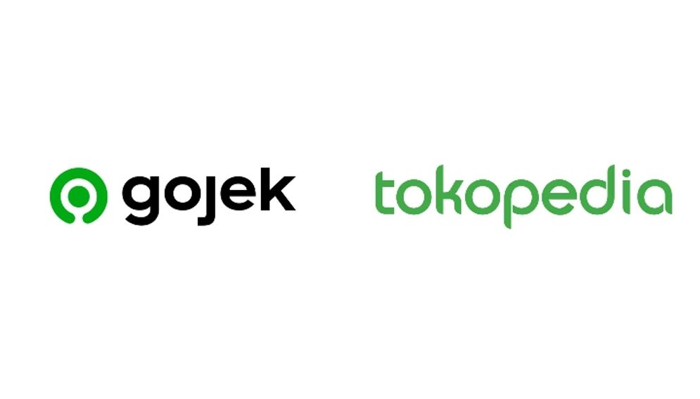 Ilustrasi logo Gojek dan Tokopedia.