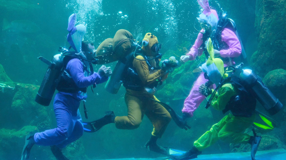 <p>Penyelam profesional mengenakan kostum kelinci laut melakukan pertunjukan edukasi penyelamatan laut bertajuk “Rabbit Underwater Show In Mission Save The Ocean” di Akuarium utama Sea World, Ancol, Jakarta, Selasa, 30 Maret 2021. Foto: Ismail Pohan/TrenAsia</p>
