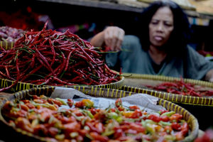 <p>Pedagang memilah cabai di kiosnya di Pasar Warung Buncit, Jakarta Selatan, Selasa, 9 Maret 2021. Foto: Ismail Pohan/TrenAsia</p>
