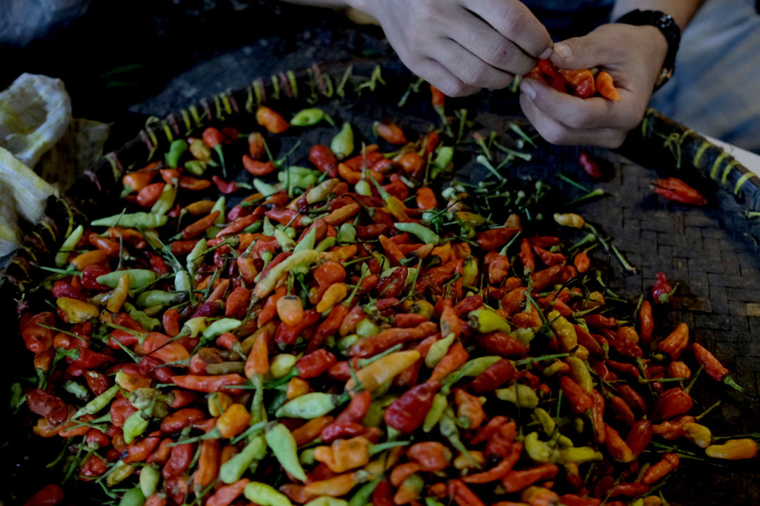 <p>Pedagang memilah cabai di kiosnya di Pasar Warung Buncit, Jakarta Selatan, Selasa, 9 Maret 2021. Foto: Ismail Pohan/TrenAsia</p>
