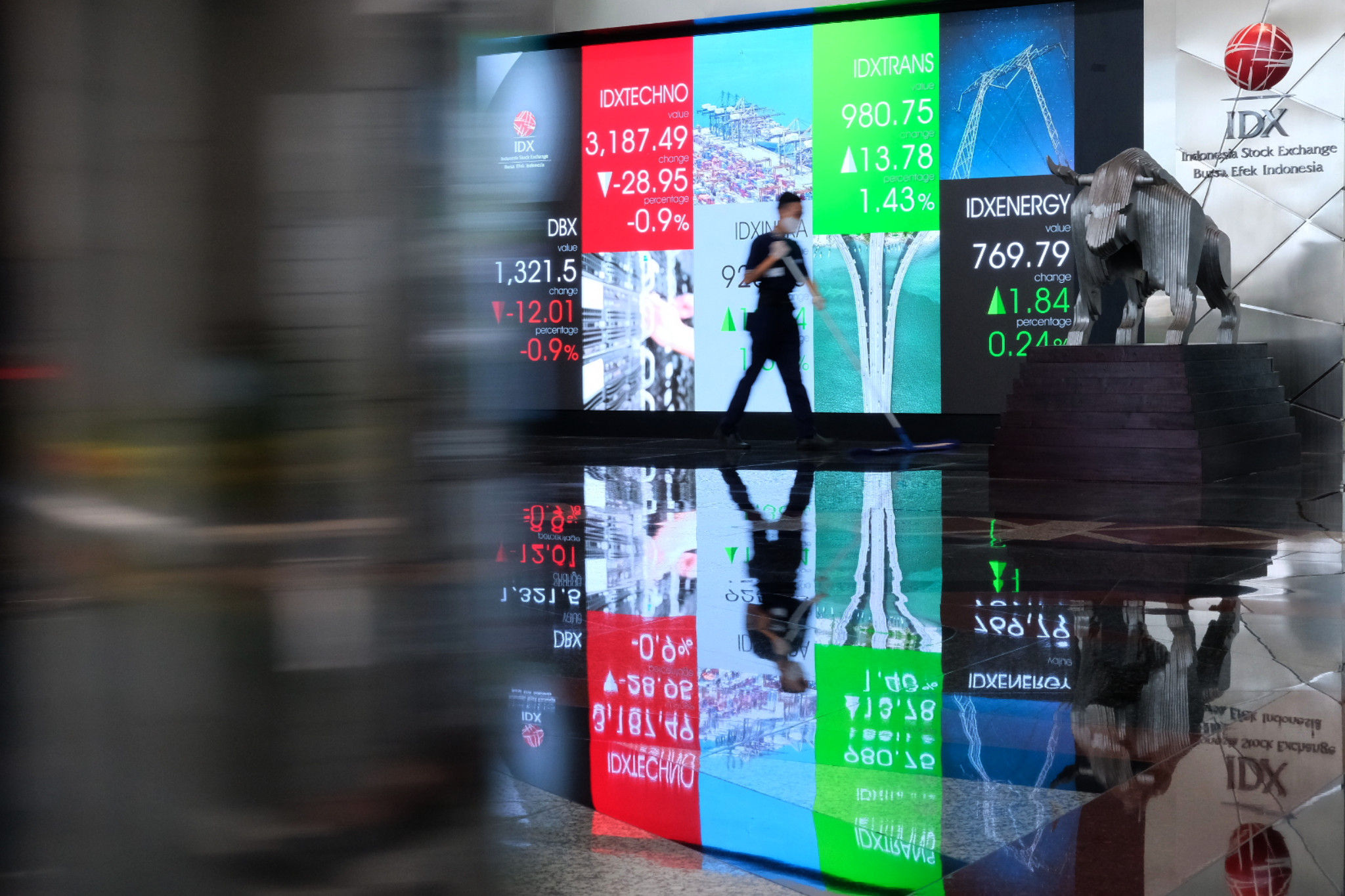 <p>Karyawan melintas dengan latar layar pergerakan indeks harga saham gabungan (IHSG) di Gedung Bursa Efek Indonesia (BEI), Jakarta, Senin, 1 Maret 2021. Foto: Ismail Pohan/TrenAsia</p>
