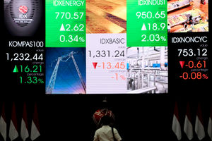 <p>Pewarta beraktivitas dengan latar layar pergerakan indeks harga saham gabungan (IHSG) di Gedung Bursa Efek Indonesia (BEI), Jakarta, Senin, 1 Maret 2021. Foto: Ismail Pohan/TrenAsia</p>