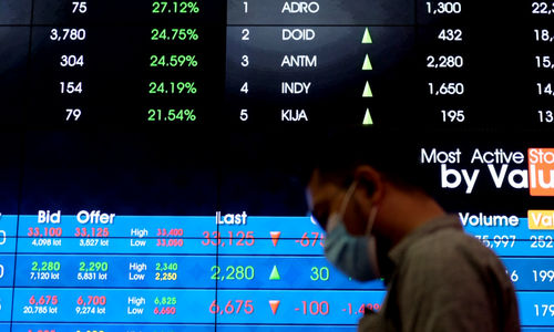 <p>Awak media memantau pergerkan indeks harga saham gabungan (IHSG) di gedung Bursa Efek Indonesia (BEI), Jakarta, Senin, 22 Maret 2021. Foto: Ismail Pohan/TrenAsia</p>
