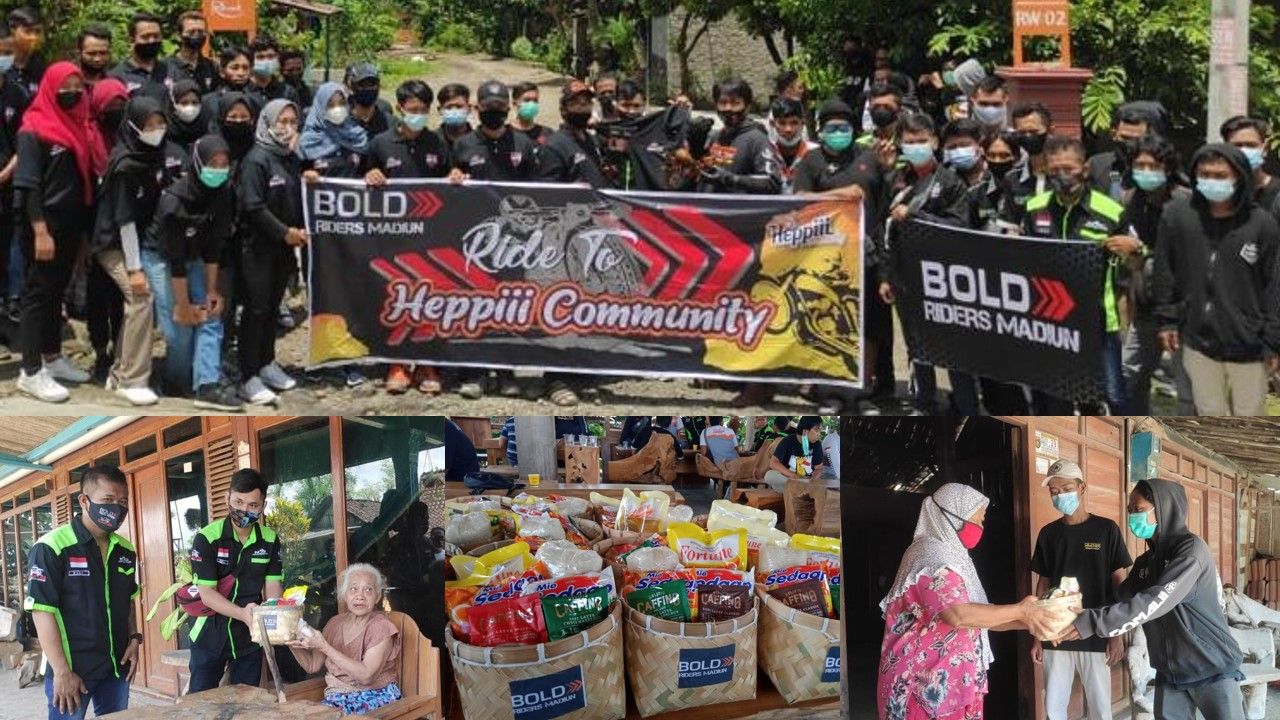 Gabungan 7 komunitas motor se-Karesidenan Madiun melakukan kegiatan Ride to Heppiii Community, Minggu (28/3/2021). Dalam kegiatan ini, mereka juga melakukan sosialisasi safety riding kepada karang taruna dan memberikan bantuan sembako untuk lansia.