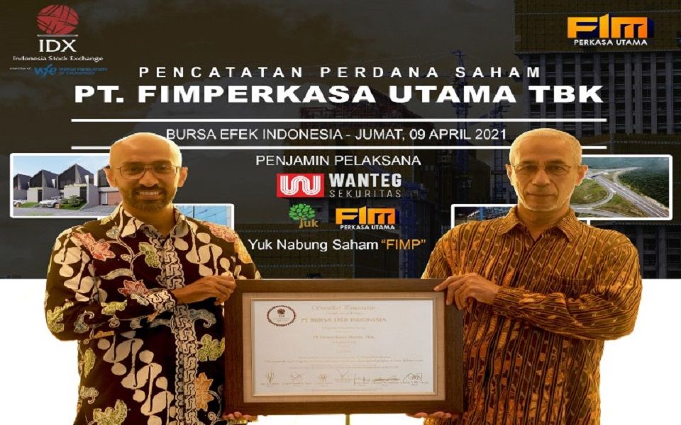 <p>Emiten konstruksi PT Fimperkasa Utama Tbk (FIMP) resmi melantai di Bursa Efek Indonesia (BEI) pada Jumat, 9 April 2021.</p>
