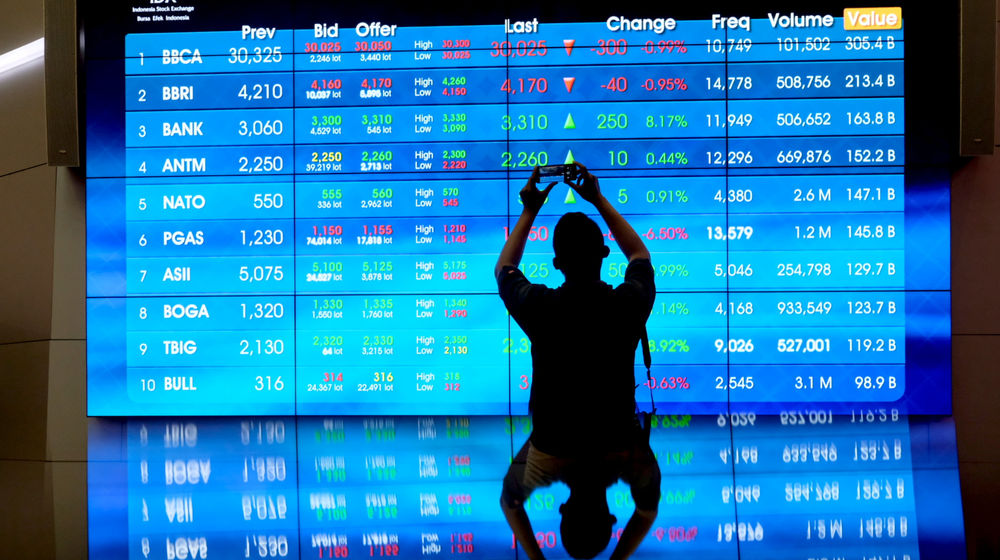 <p>Awak media beraktivitas dengan latar pergerakan indeks harga saham gabungan (IHSG) di Gedung Bursa Efek Indonesia (BEI), Jakarta, Selasa, 13 April 2021. Foto: Ismail Pohan/TrenAsia</p>
