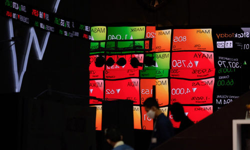 Karyawan melintas dengan latar layar pergerakan indeks harga saham gabungan (IHSG) di Gedung Bursa Efek 