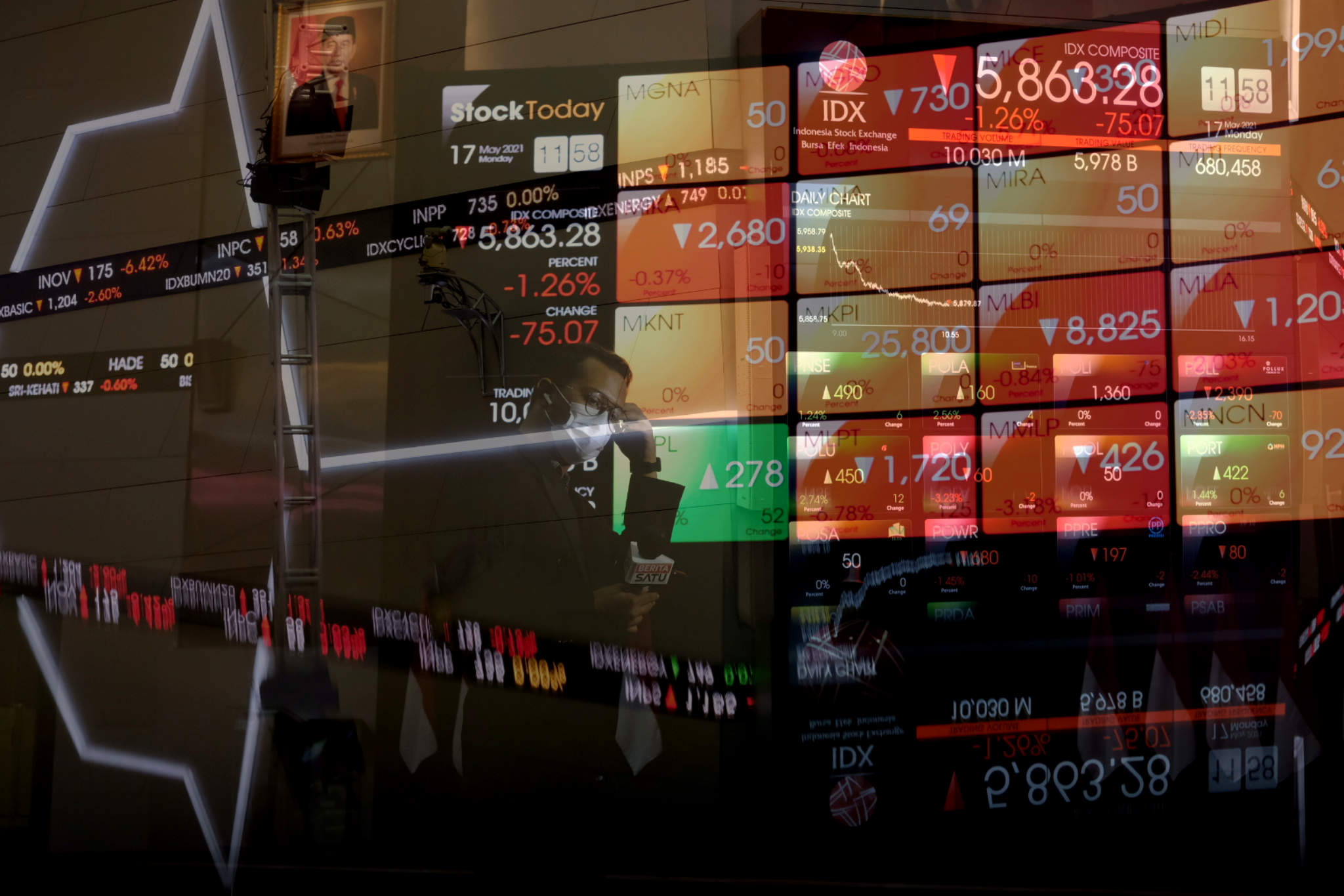 <p>Awak media beraktivitas dengan latar layar pergerakan indeks harga saham gabungan (IHSG) di gedung Bursa Efek Indonesia (BEI), Jakarta, Senin, 17 Mei 2021. Foto: Ismail Pohan/TrenAsia</p>
