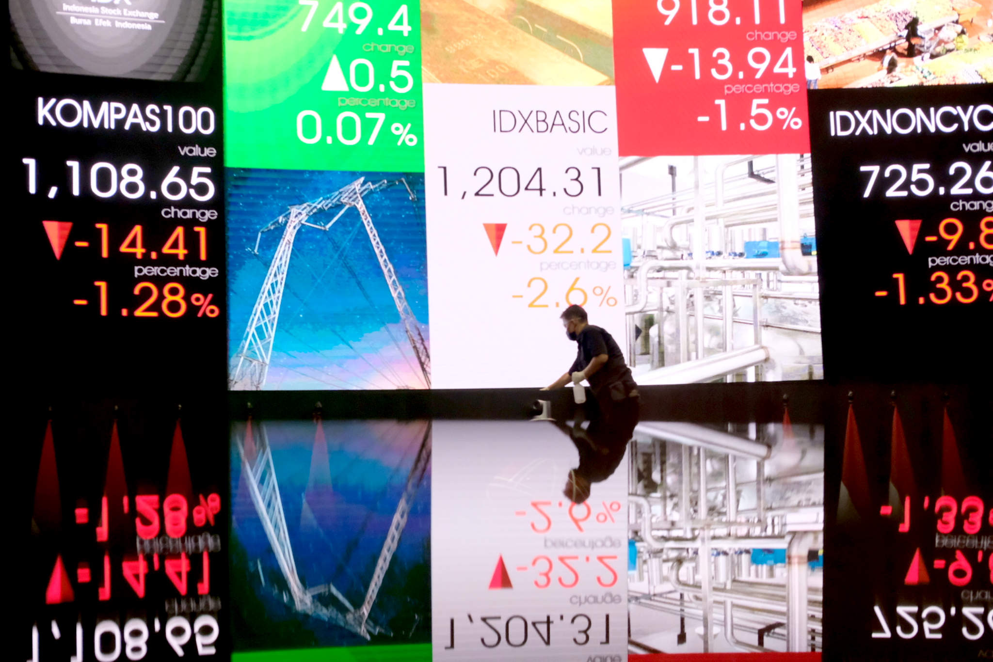 <p>Karyawan beraktivitas dengan latar layar pergerakan indeks harga saham gabungan (IHSG) di gedung Bursa Efek Indonesia (BEI), Jakarta, Senin, 17 Mei 2021. Foto: Ismail Pohan/TrenAsia</p>
