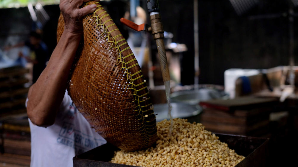 <p>Aktivitas pekerja mencuci kedelai untuk memproduksi tahu di industri rumahan pembuatan tahu di kawasan Mampang Prapatan, Jakarta Selatan, Selasa, 25 Mei 2021. Foto: Ismail Pohan/TrenAsia</p>
