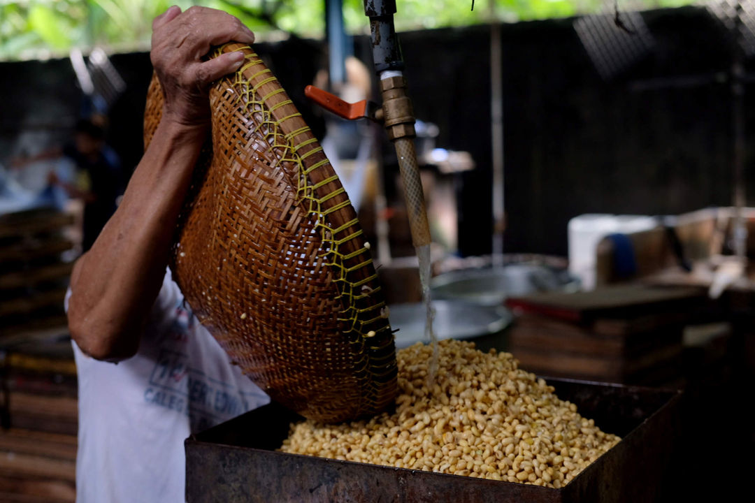 <p>Aktivitas pekerja mencuci kedelai untuk memproduksi tahu di industri rumahan pembuatan tahu di kawasan Mampang Prapatan, Jakarta Selatan, Selasa, 25 Mei 2021. Foto: Ismail Pohan/TrenAsia</p>
