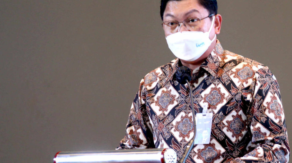 <p>Direktur Utama Bank Mandiri, Darmawan Junaidi memberikan sambutan pada peresmian kanal pembayaran iuran BPJAMSOSTEK untuk PMI Malaysia di Jakarta, Kamis, 27 Mei 2021. Foto: Ismail Pohan/TrenAsia</p>